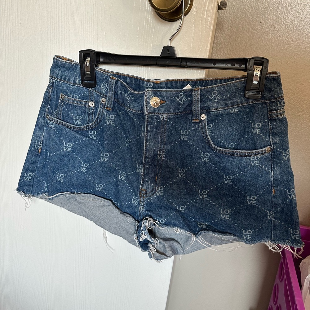 H&M Love Print Jean Shorts Distressed